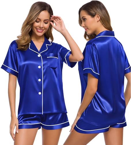 Image of SWOMOG Womens Silk Satin Pajamas Set Short Sleeve Sleepwear Button Down Top and Shorts Loungewear 2 Piece Pjs Set XS-3XL