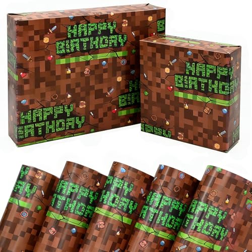 Boys Birthday Wrapping Paper 5 Sheets 50x70cm Pixel Wrapping Paper Video Game Green and Brown Wap for Boys Men Gamers Birthday