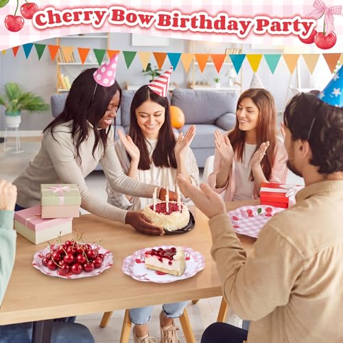 Image of Funnymoom 60 Pcs 7 Inch Cherry Bow Paper Plate Pink Cherries Birthday Decoration She's The Cherry on Top Party Supplies Disposable Scalloped Gingham Dessert Cake Plate for Fruit Baby Shower Party