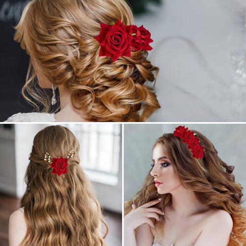 Set de 4 broches de pelo flor rosa roja miniatura 5