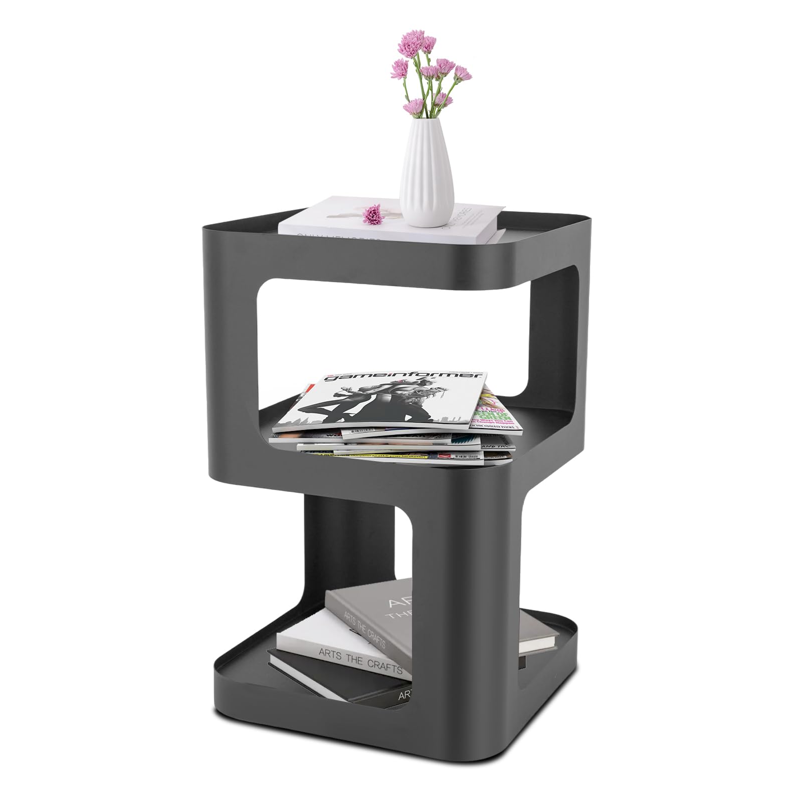 Side Table, 3 Tier Modern End Table, Black Metal Night Stands, Free Standing Bedside Table with Storage Shelf, for Living Room Bedroom Outdoor