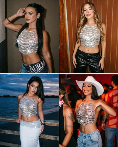 Image of AIBEARTY Women's Sexy Multi-Layer Metal Chain Crop Tops Hollow Out Halter Backless Tassel Camisoles for Rave Party Club