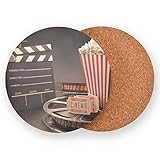 Blueangle Movie Theater Popcorn Wooden Coasters - Round Drinks Absorbent Coaster for Kinds of Mugs and Cups (4-Piece)