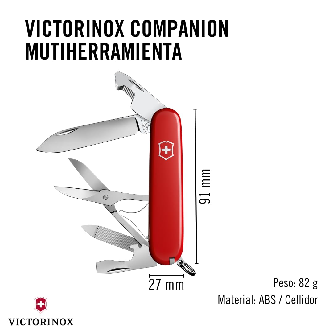 Victorinox Navaja de bolsillo Companion, 16 funciones, multiherramienta de bolsillo, incl. tijeras, destornillador, bolígrafo, Hecha en Suiza, roja | Cuchillo suizo del ejército | cuchillo suizo mediano | cuchillo de bolsillo pequeño para hombre | transpo