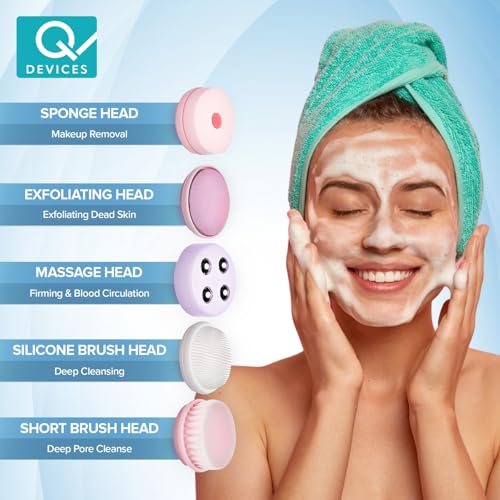 Image of Q DEVICES 6-in-1 Electric Facial Cleansing Brush & Massager | Waterproof & Rechargeable Face Spin Scrubber with 6 Interchangeable Heads for Deep Cleansing, Exfoliation & Glowing Skin (Pink)
