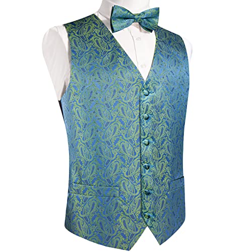 Image of DiBanGu Mens Paisley Suit Waistcoat,Silk Dress Vest and Bowtie Pocket Square Cufflinks with Lapel Pin Set for Wedding Tuxedo, Teal Green, Small