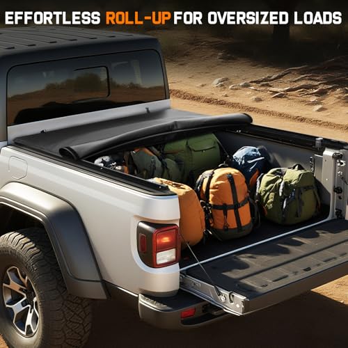 Image of RHOBRA Soft Roll-up Truck Bed Tonneau Cover Compatible with 2020-2026 Jeep Gladiator JT (w or w /o Track Rail System) 5ft Bed, 26.5oz Vinyl Soft Truck Bed Cover, Weather Resistant Bed Cover