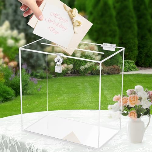 Image of Hooqict Clear Acrylic Card Box with Lock and Slot, Thick DIY Blank Wedding Card Box for Wedding Reception, Large Acrylic Gift Money Holder for Party Graduation Decorations