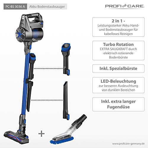 ProfiCare PC-BS 3036 A PC-BS3036A, Fil injecteur extracteur Aspirateur 2 en 1-A Main et Balai-Eco Cyclon-2 Niveaux de Puissance-Eclairage LED-Bleu et Gris, Blanc - Image 6