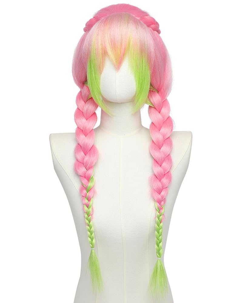 PORSMEER Anime Pink and Green Wig for Mitsuri Cosplay Braided Hair Wig with Pigtails Halloween Party, 19.6'' - 23.6'' - Image 2