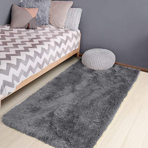 Gray Runner Rugs for Bedroom, 3x5, Fluffy Shag Rugs for Living Room, Furry Bedside Rug for Kids, Teen Boys, Shaggy Throw Rug for Nursery, Fuzzy Plush Grey Carpet, Rectangle, Cute Room Decor for Baby