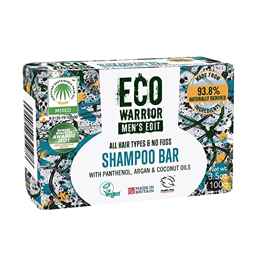 Eco Warrior Men’s Edit Shampoo Bar, 100g | Natural, Vegan, Cruelty Free, Eco Friendly | Cleansing and Moisturising Shampoos with Argan and Coconut Essential Oils | No SLS or Parabens | Mens Gift