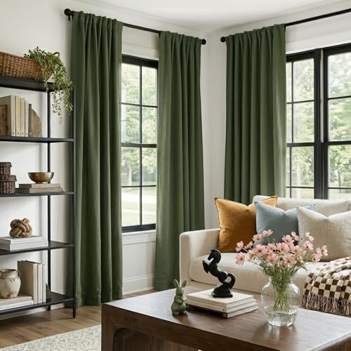 Image of INOVADAY 100% Blackout Curtains for Bedroom, Olive Green Black Out Curtains 80 Inch Long, Clip Rings Linen Blackout Drapes, Thermal Insulated Room Darkening for Living Room, 2 Panels - W50xL80