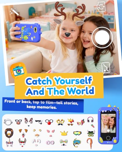 Image of KOKODI Kids Smart Phone Toys, Birthday Gifts Idea Dinosaur Toys for 3 4 5 6 7 8 Year Old Boys, Touchscreen HD Digital Dual Video Camera, Preschool Learning Toy for Kids 3-5 Travel Trip Activity (Blue)