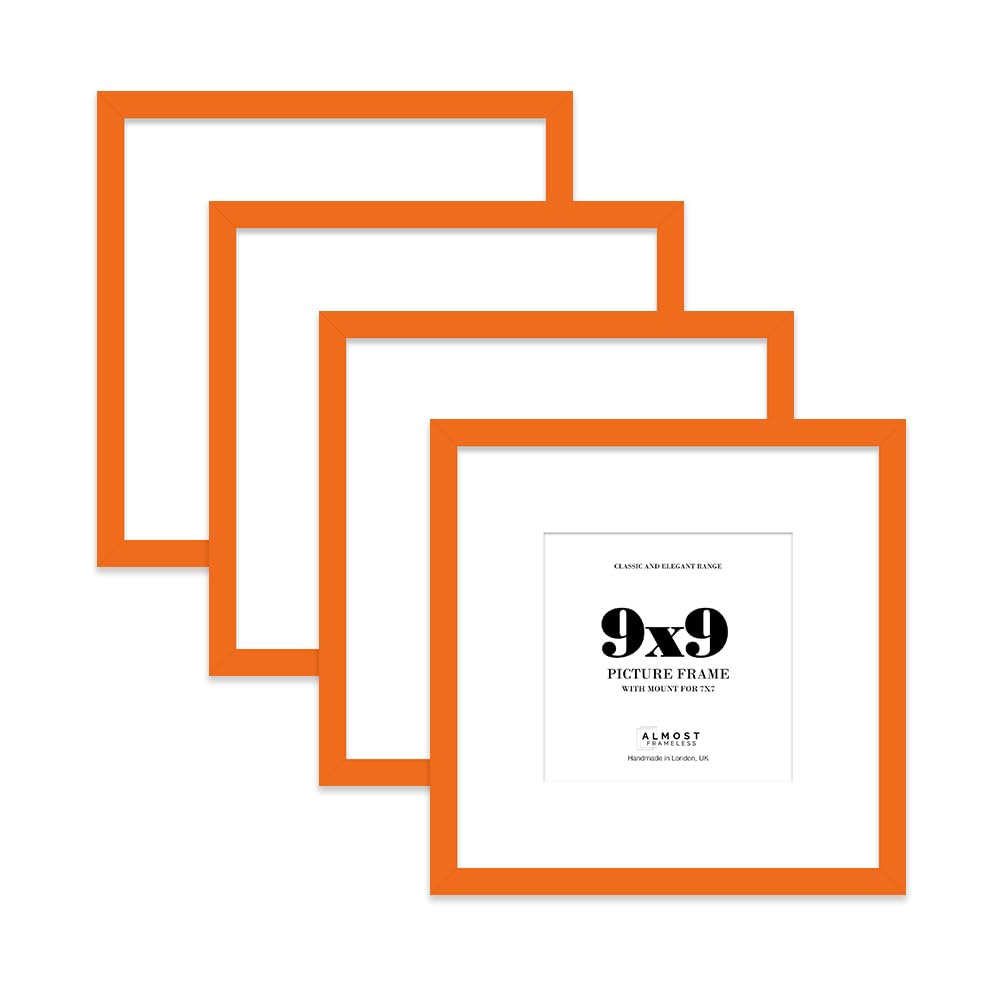 9x9 Orange Picture Frame with Mount for 7x7 Photos, Prints - Modern Square Wall Frame, Set of 4