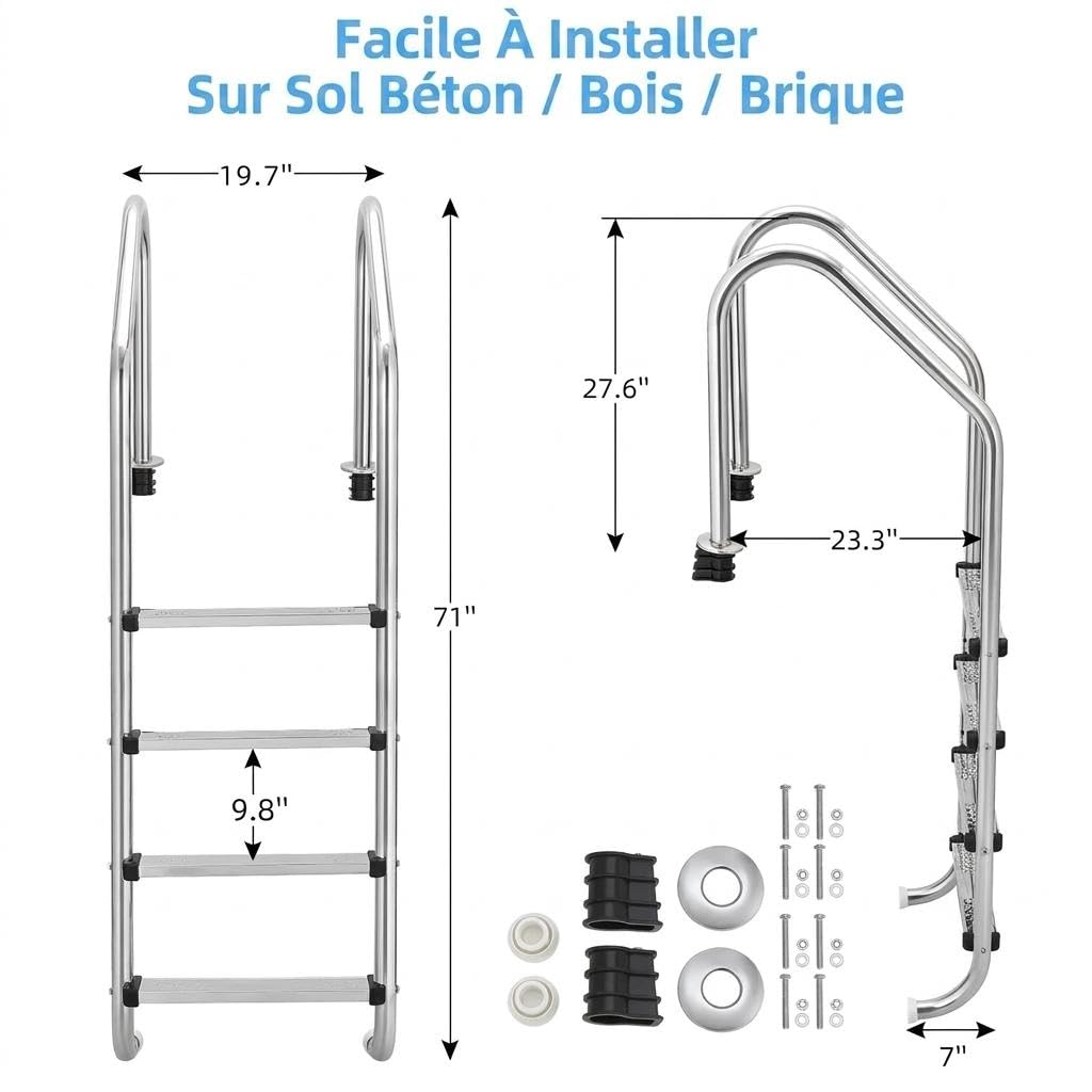 Échelle de Piscine en Acier Inoxydable 304, Mains 5 Marches, Montage Facile