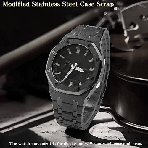 Image of GA2100 Stainless Steel Watch Case with Metal Watchband and Rubber Strap Mod Kit - Compatible with GA-2100 /GA-2110 /GA-B2100 Series - Watch Part Replacement