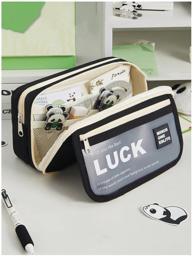 Image of Big Capacity 9-Layer Canvas Pencil Pouch for Boys & Girls, Multifunctional Visual Pouch for Stationery, Cosmetics, Accessories, College Essentials for Students, and Children's Gift (LUCK-Black color)