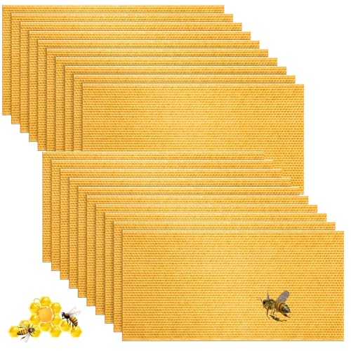 20 Pcs Beehive Waxed Coated Foundation Sheet Wax Foundation for Bee Frames Plastic Portable Honeycomb Sheet Beeswax Coated Foundation Sheet Beehive Equipment Fit Deep Frame (Yellow)