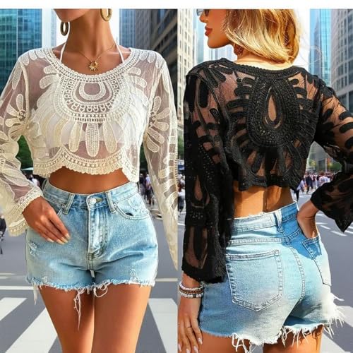 Women's Floral Embroidered Semi-Sheer Cover Up Long Sleeve Round Neck Boho Lace Top，Women Sheer Beach Coverup，Mesh Design(Black and White)2