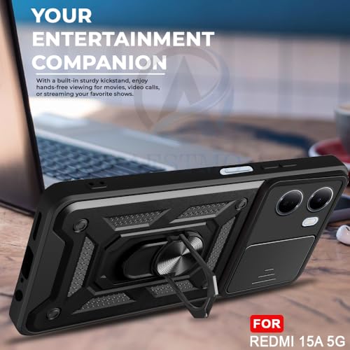 Image of AESTMO Tough Armor Redmi 15A 5G Bumper Back Case Cover | Ring Holder & Sliding Camera Shield Cover | 360 Degree Protection Back Case Cover for Redmi 15A 5G (Black)
