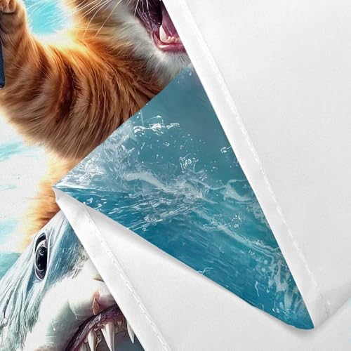 Image of Funny Cat Shower Curtain for Kids, Cute Kitten Riding Shark Ocean Theme Hilarious Cool Fun Grey Blue Wave Animal Nautical Whale Boys Bathroom Sets Decor Fabric Polyester Waterproof 12 Pack Hooks