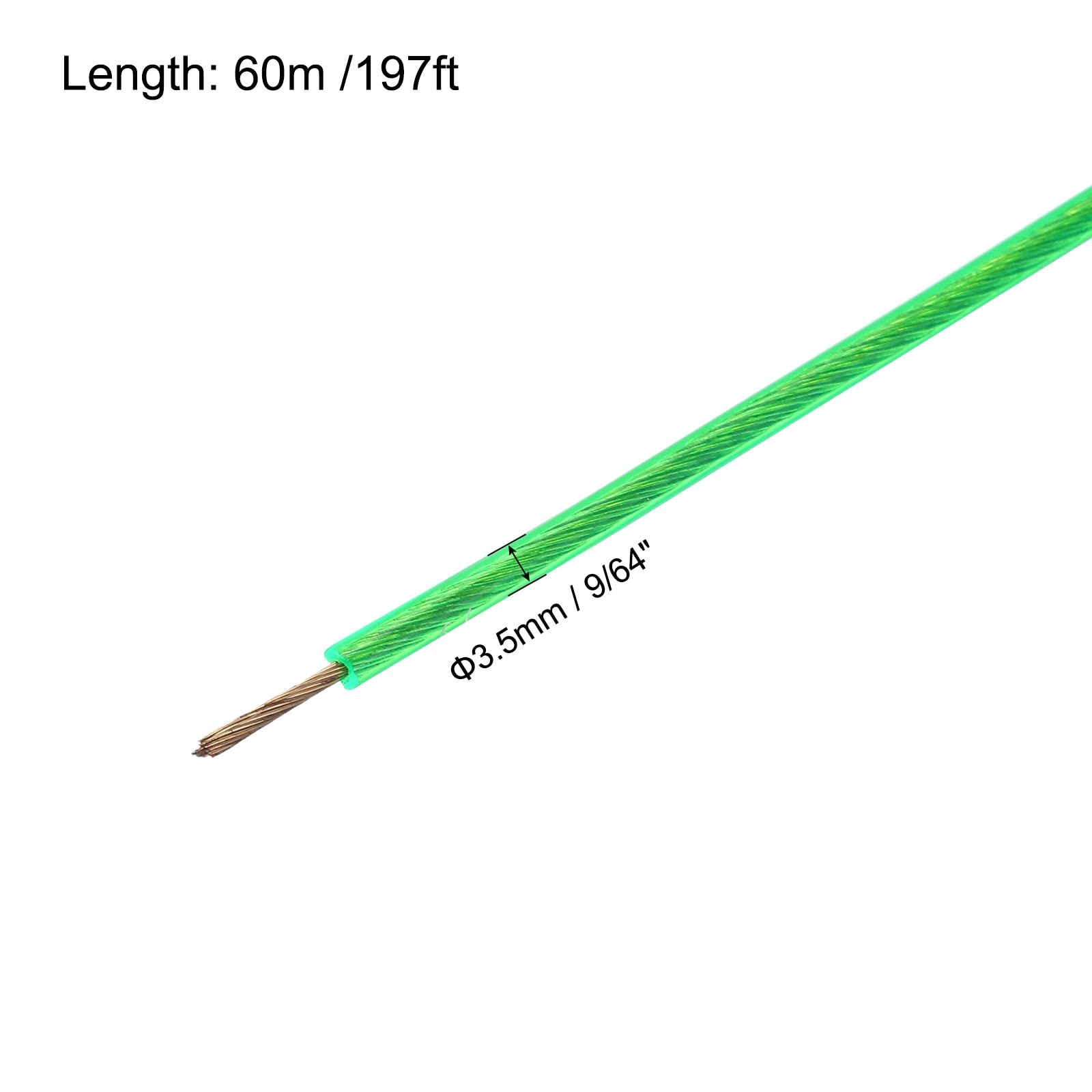 MECCANIXITY 3.5mm (9/64 inch) Green Vinyl Coated Wire Rope, 60m /197ft Galvanized Steel Cable Wire Rope with 8PCS M5 Loop Sleeves for String Light Hanging, Deck Railing, Garden Wire