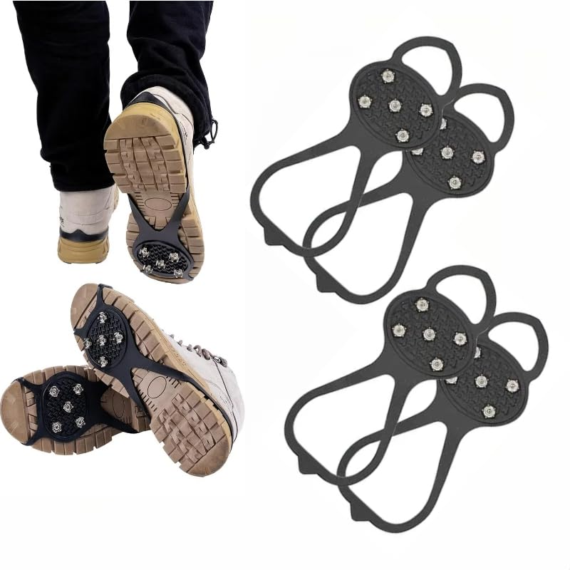 TATDBEUHW Ice Traction Cleats - 2 Pairs Universal Fit Anti-Slip Gripper Spikes with 5 Stainless Steel Studs for Winter Sports and Safety