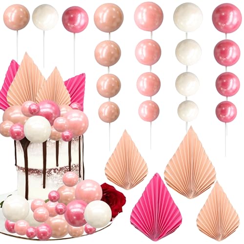 Gyufise 32Pcs Paper Palm Fan Cake Topper Balls Cake Topper Mini Balloon DIY Cake Insert Cake Decorations for Baby Shower Wedding Bridal Shower Birthday Party Decorations Rose Red
