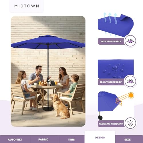 Image of Midtown Umbrellas - 10-Year-No-Fade 8 Ft Patio Umbrella with Terylast Fabric, Auto-Tilt Aluminum Frame and 8 Reinforced Ribs for Deck, Pool, Garden & Beach - Royal Blue Canopy, Black Pole