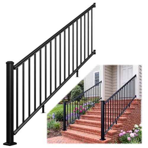 Image of Egadis 36 in. H x 8 ft. W Aluminum Stair Railing Kit, Railings for Outdoor Steps, Black Textured AAMA 2604 Powder-Coat Finish Modular Rail System for Concrete Steps or Wooden Stairs(1 Post, 1 Panel)