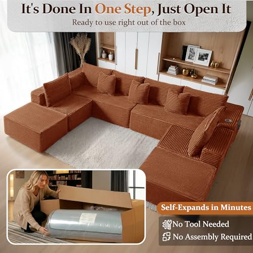 Image of 138 inch Cloud Sectional Couch, Comfort U Shaped Sofa for Living Room, Extra Deep Seats No Assembly, Minimalist Modular Couch, Corduroy (Deep Orange, 8 Seats,U-Shape A)