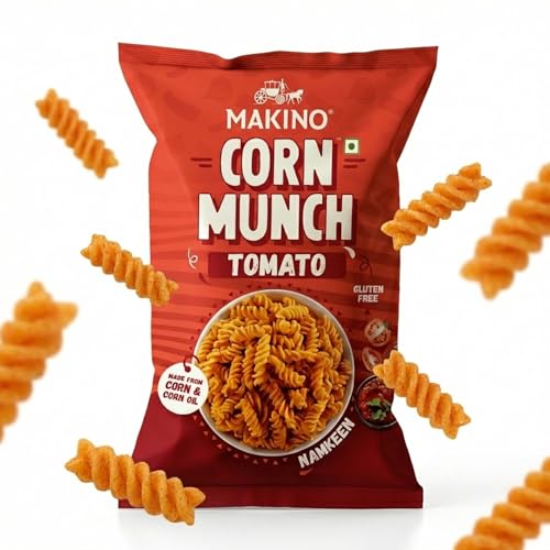 Image of Makino Corn Munch Tomato Flavour Snacks, Ready to Eat, 150g (Pack of 3) - First Time in India | Tangy & Refreshing Flavour, Everyone's Favourite Snack For All Occasions | No MSG, Non-GMO Corn, Zero Trans Fat, Gluten Free