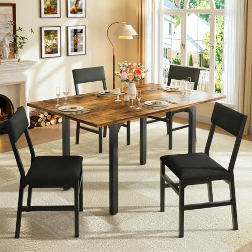Image of HUAHUU 5-Piece Dining Table Set for 4, Extendable Kitchen Table Set with 4 Upholstered Cushion Chairs, Rectangle Table with Metal Frame & MDF Board, Folding Space-Saving for Small Apartment, Rustic