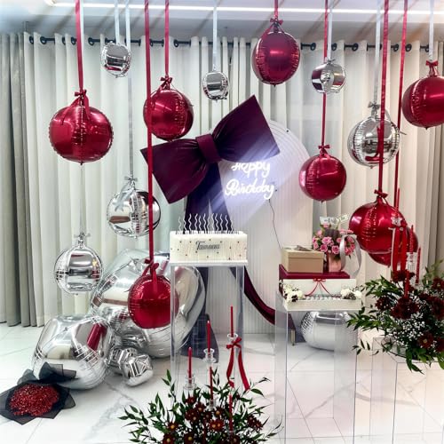 Image of 9 Pcs Burgundy Silver Round Foil Balloons Maroon Wine Red Metallic Silver Chrome 4D Ball Balloons 22 In Orbz Mylar Balloon for Graduation Grad Birthday Wedding Anniversary Party Decorations