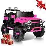 24V Ride on Toys for Kids, 2-Seater 4WD Electric Ride on Truck Car with Parental Remote, Pink Jeep for Girls, 3 Speeds, Spring Suspension, Bluetooth, LED Lights, Pink