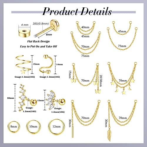 FIBO STEEL 20G Cartilage Earrings Set for Women Huggie Hoop Earrings Flat Back Earrings Star Moon Butterfly CZ Cartilage Stud Earrings Chain Dangle Helix Tragus Piercing Jewelry4