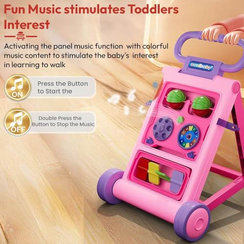 Image of Uonibaby by StarAndDaisy Baby Walkers for 6-18 Month Baby Boy & Girl /Baby Activity Walker Learning Push Walker with Foldable Music and Toy Bar /Walker for Kids (Push Walker - Pink)