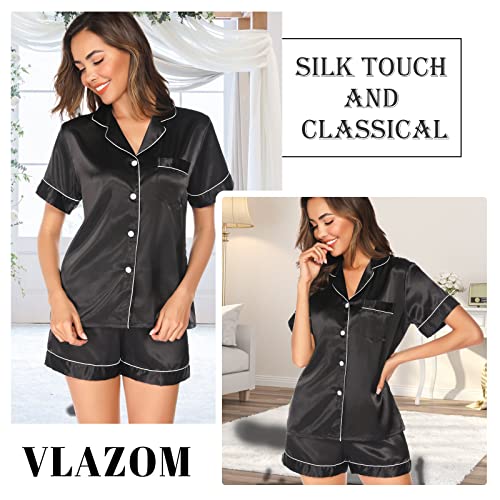 Image of Vlazom Womens Silk Pajamas, Short Sleeve Satin 2 Piece Pj Sets Button-Down Sleepwear Loungewear Pjs Shorts Set S-XXL