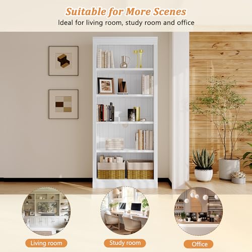 Image of 5-Shelf Bookcase with Light Strip, Bookshelves Floor Standing Display Storage Shelves 83.4 in Tall Bookcase Home Decor Furniture for Home Office, Living Room, Bed Room - White