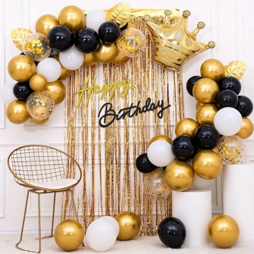 Image of TONIFUL Happy Birthday Sign for Backdrop - Glitter Black Gold Felt Banner - Includes Dot Glue - Perfect for Birthday Party Backdrop,Wall Decr,Balloon Arch,Photo Background