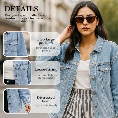 Women's Casual Denim Button Down Distressed Jacket, Oversized Denim Shirt Jackets Fall Long Boyfriend Jacket4