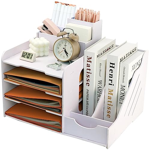 PLSOPPKG Wooden Desk Tidy Organiser, File Rack, Desk Tidy Storage, Office Stationery Rack Sorter for A4 Papers, Pens, Books and Letters, Document Holder with Vertical File Tray and Pen Holder