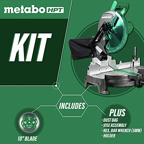 Metabo HPT | Compound Miter Saw | 10-Inch | Single Bevel | 15-Amp Motor | 0-52° Miter Angle Range | 0-45° Bevel Range | Large Table | 10" 24T TCT Miter Saw Blade | C10FCGS