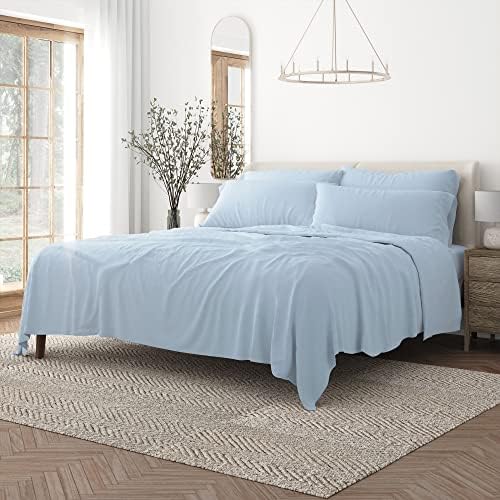 Merit Linens Breathable Hotel Style King Bed Sheets | 4 Pc Ultra Soft Light Blue Sheet Set with Deep Pocket | Lightweight, Extra Pillowcases | Easy Care, Basic Bedding (King, Light Blue)