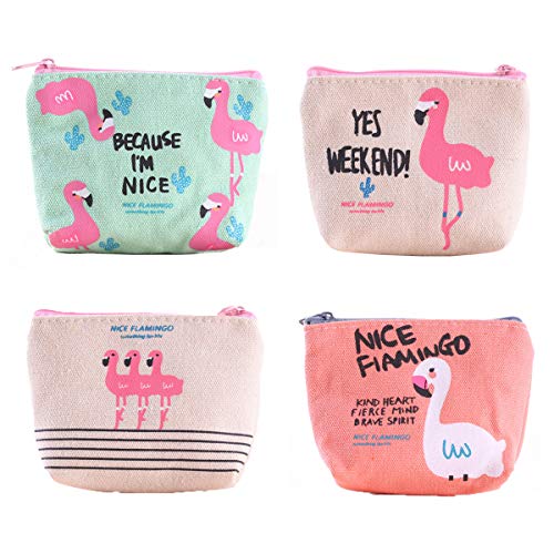 Preisvergleich Produktbild BEIAOSU 4X Münzbörsen Niedlich Münzbeutel Leinwand Geldbörse Mini Geldbeutel Cartoon Flamingo Damen Mädchen Portemonnaie für Schlüssel, Kopfhörer, Lippenstift, Karte (12x9x3.5cm) (4 Stück)