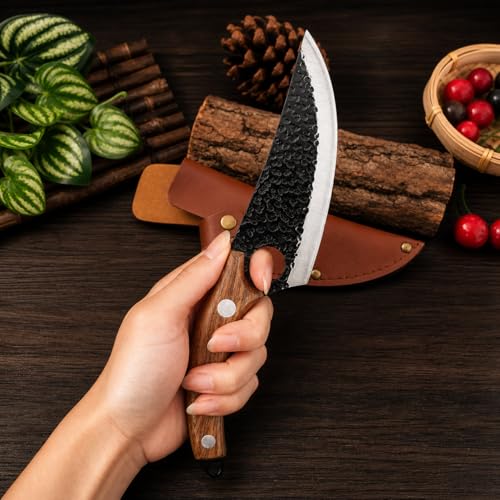 Image of Machado Forged Kitchen Utility Knife with Textured Grip Damascus Blade | Ergonomic Handle & Protective Sheath - Precision Cutting for Meat, Vegetables & Everyday Cooking - Brown