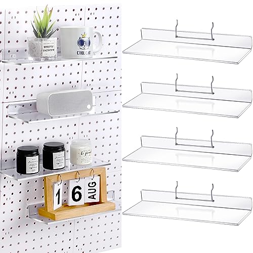4 Set Pegboard Shelf Clear Acrylic Shelf with Metal Hooks Peg Board Organizer Accessories Storage Shelf for Pegboard Display Wall Craft Room Home Garage Nursery Kitchen Workbench (L Shape,12 x 4 Inch)