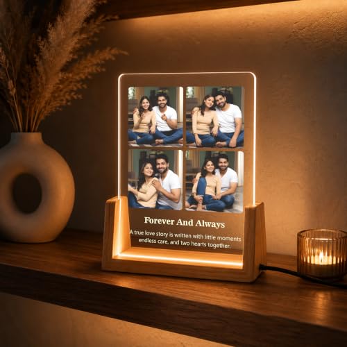 Image of Giftplease Personalized LED Acrylic Photo Frame with Custom Photo & Text | Engraved Acrylic Picture Lamp | Wooden Base |Customized Picture Frame | Anniversary Wedding Birthday Couple Family Home Decor