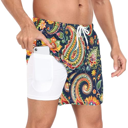 xigua Paisley Flower Mens Swim Trunks with Liner, 5 inch Quick Dry Mens Boardshorts for Beach2